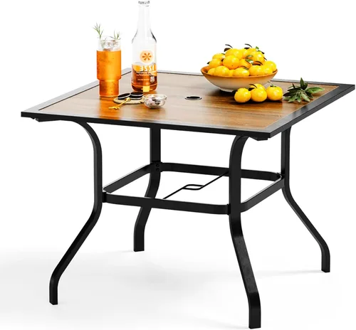 Vista 11 de PHI VILLA - Mesa de comedor al aire libre de 37 pulgadas, mesa de patio con malla de acero de metal, mesa de comedor con orificio para paraguas