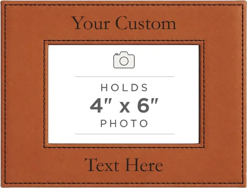 Vista 7 de Marco de fotos de piel sintética de cuero sintético grabado para añadir tu texto personalizado para colgar o en la mesa, marco de fotos familiares
