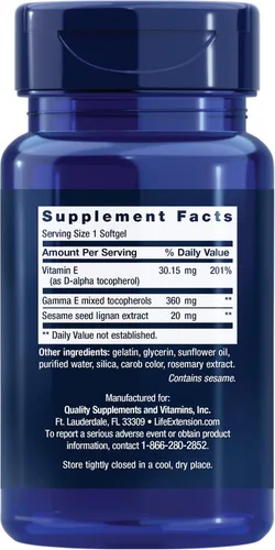 Vista 2 de Life Extension Gamma E Tocoferoles mixtos, envejecimiento saludable, suplemento de vitamina E, mejorado con lignanos de sésamo, sin gluten, sin OMG