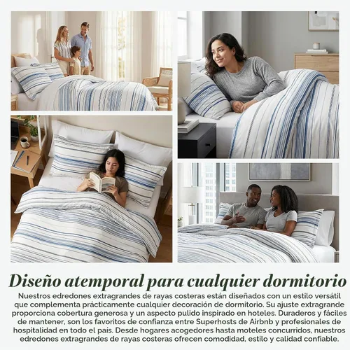 Vista 8 de Juego de edredón costero individual XL con 1 funda de almohada, ropa de 1 - Rayas costeras azules