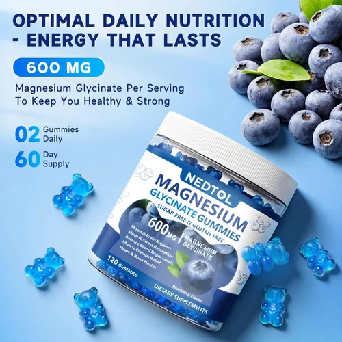 Vista 5 de Gomitas de glicinato de magnesio de 600 mg, suplemento de magnesio y potasio sin azúcar para adultos con L-treonato de magnesio, vitamina D, B6