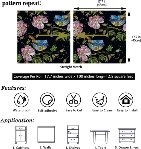 Vista 8 de CHIHUT Papel tapiz bordado de 17.7 x 100 pulgadas, diseño floral de pájaro, color negro, rosa, flores silvestres, azul, Wren, papel tapiz