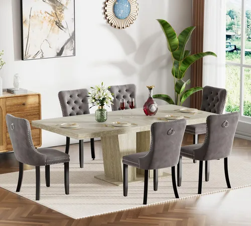 Vista 16 de Henf Juego de mesa de comedor extensible de 5 piezas para 4, 63"-79" Mesa de cocina grande extensible con 4 sillas negras acolchadas, Juego de mesa