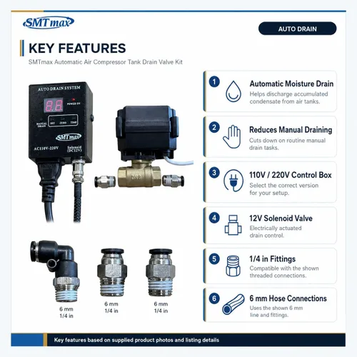 Vista 5 de Kit de válvula de drenaje de tanque de compresor de aire automático 110V 220V SMTmax
