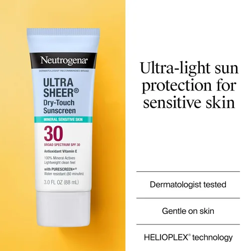 Vista 3 de Neutrogena Protector solar mineral ultra transparente de toque seco para cara y cuerpo, protección SPF 30 de amplio espectro UVA/UVB, protector