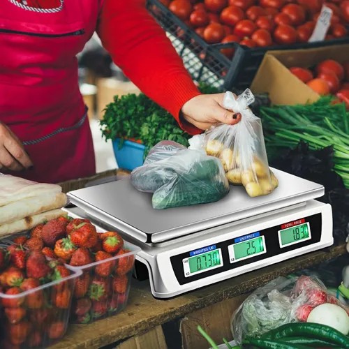 Vista 6 de Báscula comercial de alimentos con peso digital para alimentos, cálculo electrónico de precios, báscula precisa de productos de carne con pantalla