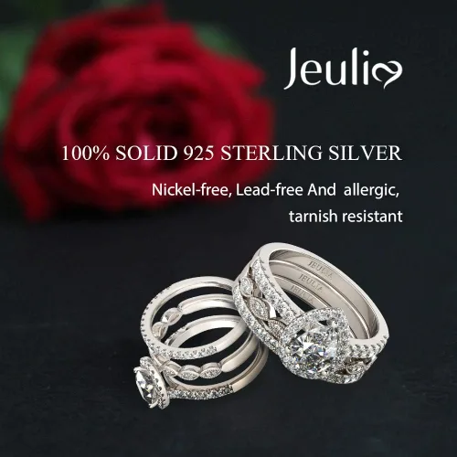 Vista 2 de Jeulia Juego de anillos de halo de corte pera, anillo de compromiso con forma de corazón CZ para mujer, plata de ley, diamante blanco, anillos