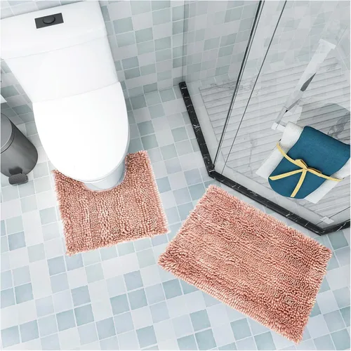 Vista 4 de Civkor Juegos de Alfombras de Baño Rosa de 2 Piezas, Alfombras para Inodoro en Forma de U Lavables con Respaldo Antideslizante, Bonitas Alfombras