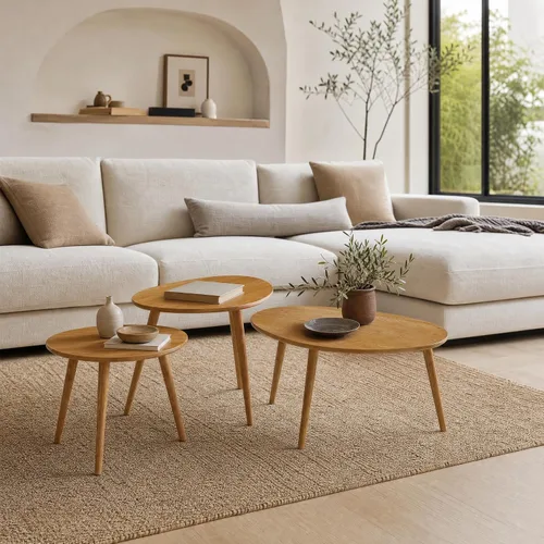 Vista 12 de Mesa de centro ovalada pequeña, de 33.5 pulgadas, mesa de centro moderna de mediados de siglo para sala de estar, mesa auxiliar 100% madera de roble