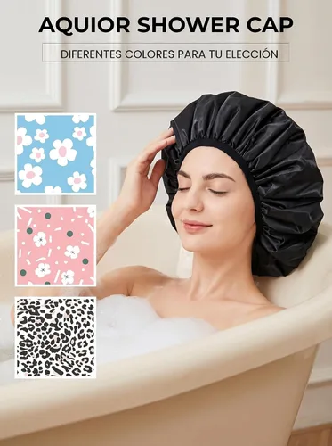 Vista 6 de Aquior Gorro de ducha con forro de rizo para mujer, reutilizable, triple capa impermeable, extra grande para mujeres de pelo largo (negro)
