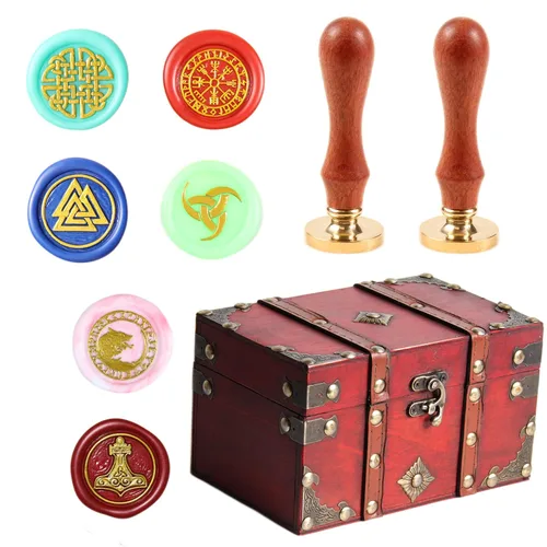 Vista 7 de Juego de 6 piezas de sello de cera de madera con cabeza de latón extraíble + 2 asas de madera + caja de cofre del tesoro de madera y cuero