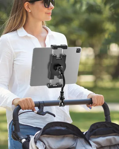 Vista 2 de Soporte de cuello de cisne para iPad para cochecito, soporte ajustable para tableta de teléfono, abrazadera de poste para cochecito de bebé, carrito