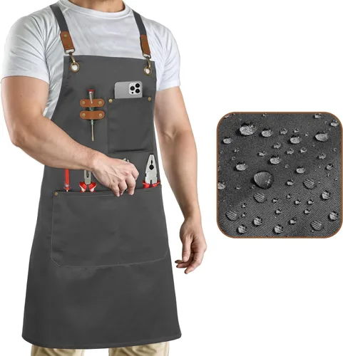 Vista 12 de RUVANTI Delantales de trabajo para hombres y mujeres con bolsillos, ajustables hasta XXL, durabilidad de grado profesional, delantal negro