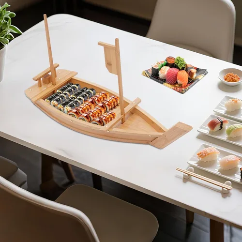 Vista 7 de Bandeja de bambú para servir en barco de sushi de 27.6 pulgadas, plato de sushi para platos de restaurante comerciales, platos de sushi extra