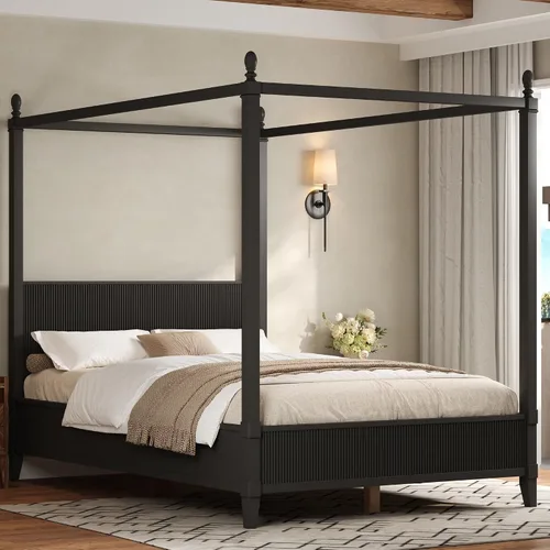 Vista 39 de Cama de plataforma con dosel de 4 pósteres de tamaño matrimonial con cabecero de listones verticales Negro-8.1