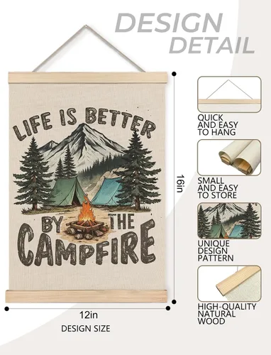 Vista 7 de Foritho Póster de camping con diseño de bosque bosque, arte enmarcado, regalos para amantes del senderismo, la vida es mejor por la fogata