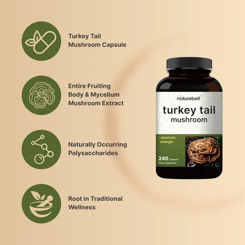 Vista 3 de NatureBell Cápsulas de extracto de hongo de cola de pavo, 600 mg por porción, 240