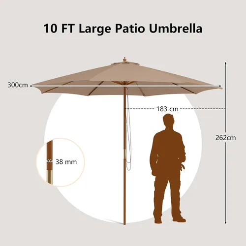 Vista 8 de HAPPYGRILL Sombrilla de madera para patio de 10 pies con polea de cuerda y Beige Bronceado