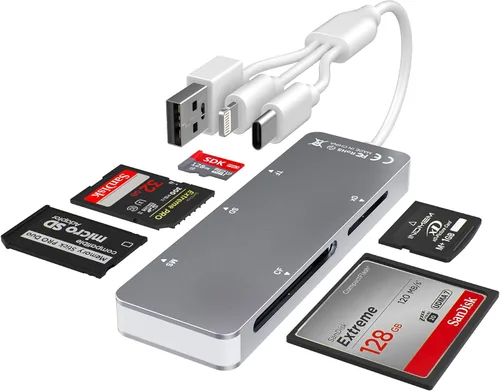 Vista 10 de Lector de tarjetas de memoria 8 en 1 con 3 puertos USB, adaptador Lightning/USB-C/USB-A para iPhone/Android/PC/Mac, compatible con tarjetas