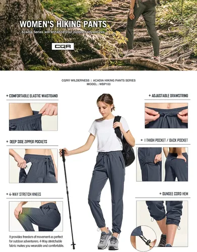 Vista 4 de CQR Pantalones de senderismo para mujer, pantalones cargo elásticos ligeros con bolsillos con cremallera, pantalones deportivos resistentes al agua