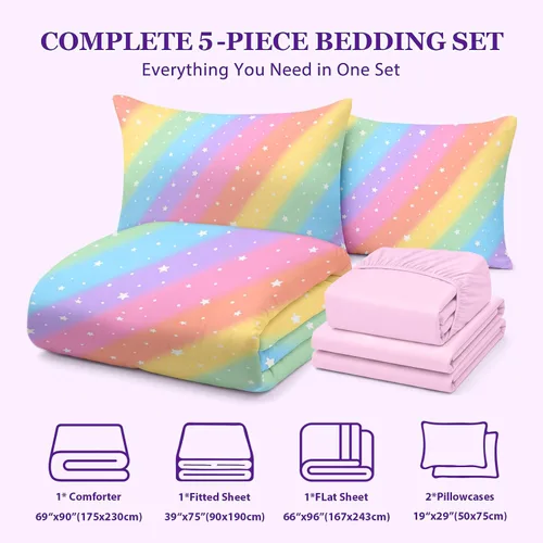 Vista 3 de Juego de ropa de cama arcoíris tamaño individual, edredón reversible de 5 piezas para niñas con sábana de bolsillo profundo, diseño degradado