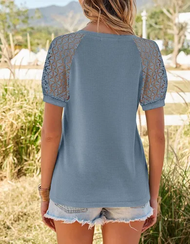 Vista 4 de MEROKEETY - Blusa de manga corta con cuello en V y encaje, de verano, para mujer