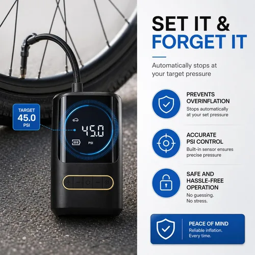 Vista 5 de Compresor de aire portátil para bicicleta: mini bomba eléctrica para neumáticos con apagado automático, compatible con múltiples válvulas, inflador
