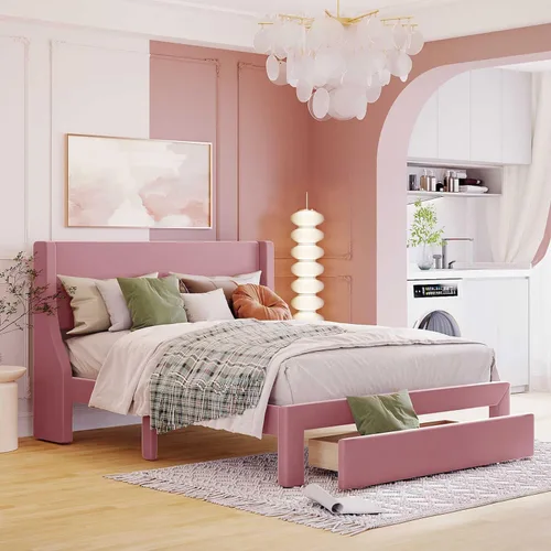 Vista 8 de Anwick Base de cama de terciopelo de tamaño matrimonial con cajón de almacenamiento, cama moderna tapizada con cabecera y listones de madera maciza