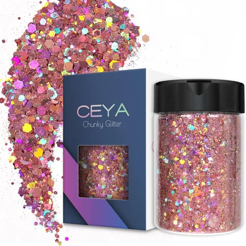 Vista 26 de Ceya Brillantina gruesa holográfica, 1 libra/16 onzas, oro diamante a granel, purpurina mixta gruesa y fina embotellada con lentejuelas metálicas