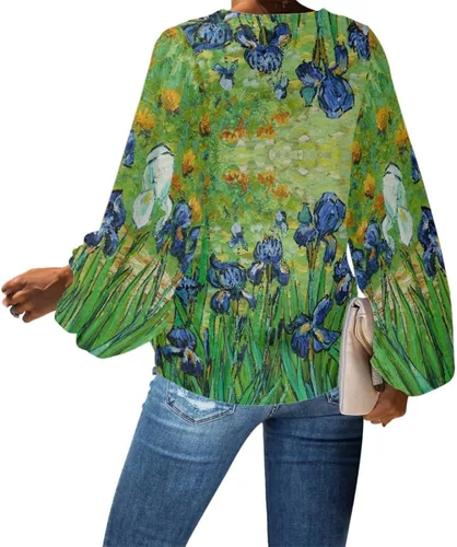 Vista 2 de JooMeryer - Blusas de gasa para mujer, con estampado de noche estrellada de Van Gogh, con cuello en V, manga larga, estilo casual
