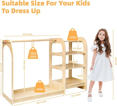 Vista 8 de homegroove Almacenamiento de disfraces para niños con espejo, armario de 31.5 pulgadas para niños con estante de almacenamiento para niñas y niños