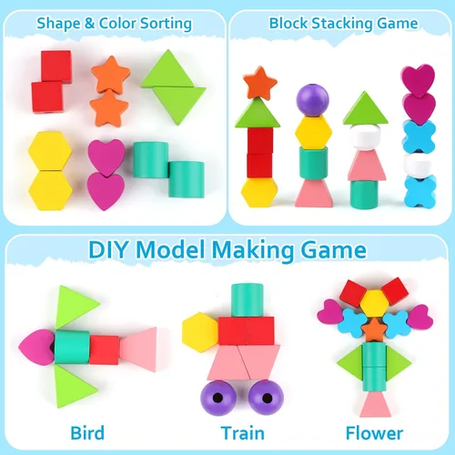Vista 6 de Vinlon Montessori - Juego de juguetes para niños y niñas de 2, 3 y 4 años, lindos animales vivos colores para clasificar y apilar, bloques