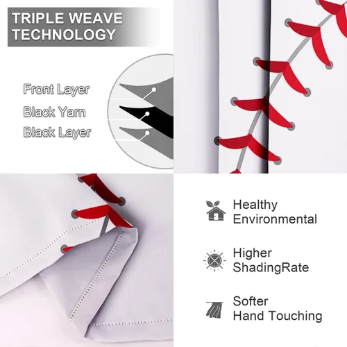 Vista 4 de Cortinas opacas de 42 x 63 pulgadas (2 paneles) con ojales para oscurecer la parte superior para dormitorio y sala de estar, deportes, béisbol
