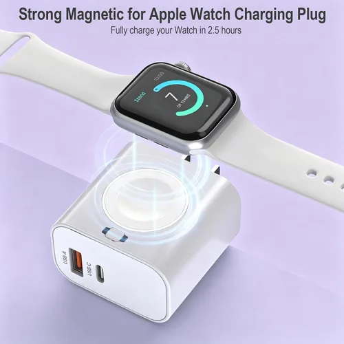 Vista 5 de Bloque de carga para Apple Watch, 23 W PD 3 en 1, bloque de carga USB C integrado, inalámbrico, magnético, cargador de pared, enchufe compatible