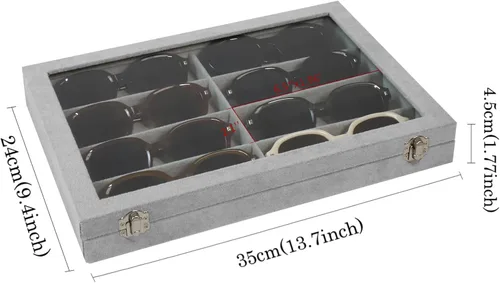 Vista 6 de Wudygirl Organizador de joyas, organizador de lentes de sol, bandeja de terciopelo con 8 ranuras, estuche para lentes de sol con tapa, estuche