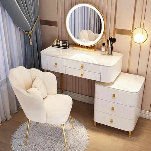 Vista 14 de Tocador, tocador de maquillaje con taburete acolchado, tocador con espejo iluminado LED y mesa auxiliar, mesa de maquillaje con 3 cajones