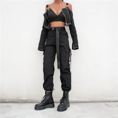 Vista 3 de JEAAMKSSER Pantalones cargo negros de cintura alta para mujer con bolsillos, holgados, color liso, Y2K Streetwear