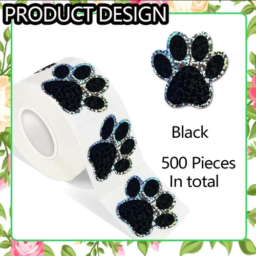 Vista 2 de 500 piezas de rollo de calcomanías lindas de patas de perro en glitter, etiquetas adhesivas de huellas de perro negro, etiquetas de vinilo Patas
