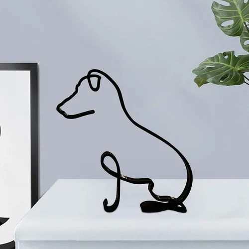 Vista 3 de JOYO Escultura de pared con movimiento gráfico de perro de línea metálica, decoración moderna de marco geométrico abstracto de animal, decoración