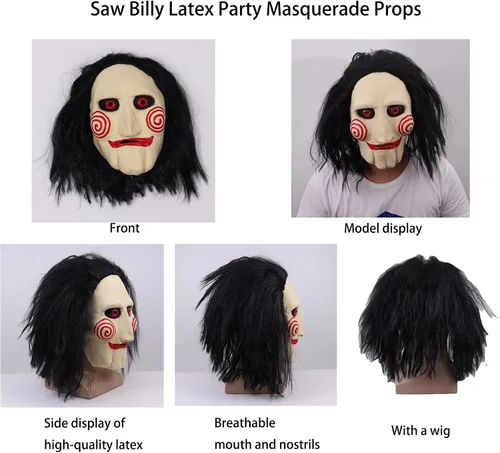 Vista 3 de Saw Billy - Disfraz de rompecabezas para niños, disfraz de marioneta, disfraz de Halloween, overol con máscara para niño con pelo