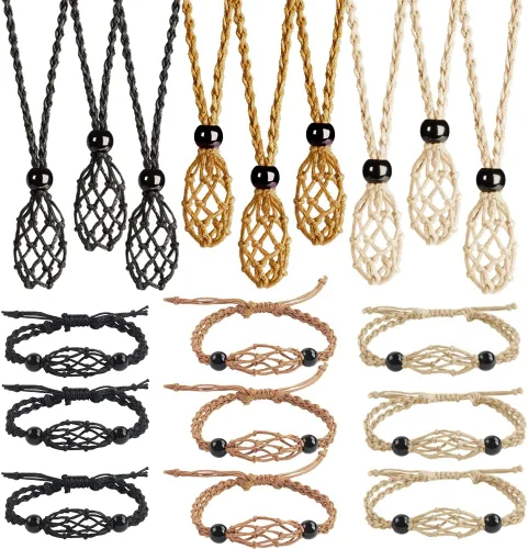 Vista 12 de FANASY 18 piezas de collar de jaula de cristal con cordón vacío soporte de piedra colgante de reemplazo de piedra con longitud ajustable Negro