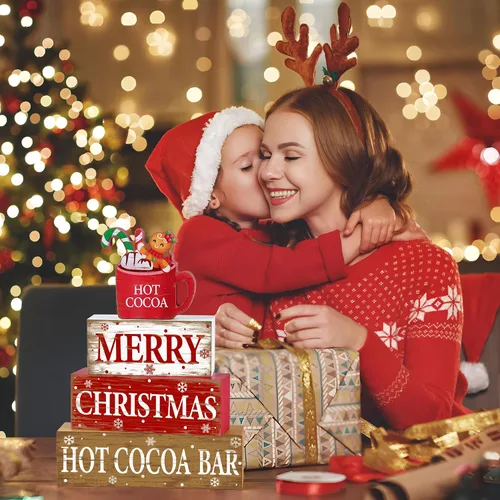 Vista 5 de 4 piezas de decoración de mesa de madera de Navidad rústica de cacao caliente, letrero de bloque de madera de cacao caliente, centro de mesa