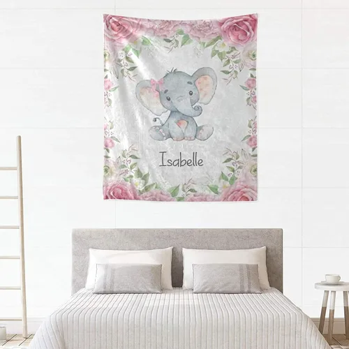 Vista 4 de Manta de forro polar súper suave para bebé niña con nombre personalizado y diseño de elefante rosa para cumpleaños de niño y niña, 30 x 40 pulgadas