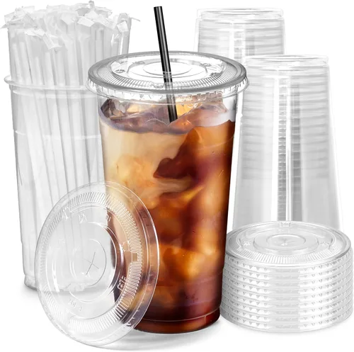 Vista 13 de Fit Meal Prep Paquete de 100 Vasos de Plástico para Café Helado de 12 oz con Tapas Planas y Pajitas Negras, Vaso Transparente Desechable, Vaso Libre