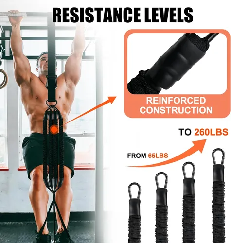 Vista 5 de Bandas de asistencia para gimnasio en casa, 4 bandas de resistencia ajustables para dominadas y entrenamiento de fuerza, con reposapiés, correa