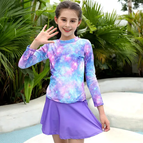 Vista 3 de swimsobo - Traje de baño para niñas con protección contra erupciones, manga larga, traje de baño de dos piezas, falda de natación con pantalones