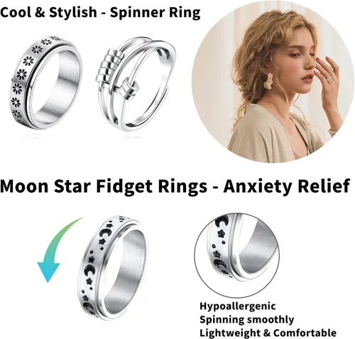 Vista 2 de Spinner Ring for Anxiety 8pcs Stainless Steel Fidget Rings Anti Anxiety Ring Spinning Moon Star Cool Stress Relieving Rings for Women Men Teens Girls