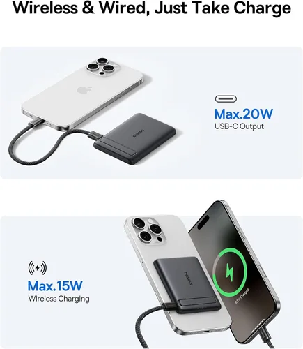 Vista 4 de Baseus Picogo Banco de Energía, Cargador Portátil Certificado Qi2 de 15W MagSafe Más Pequeño, Batería Magnética de 5000mAh de 0.5" Ultra Delgada