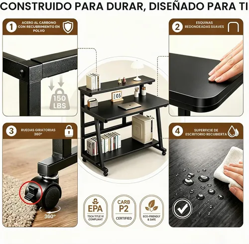 Vista 7 de Escritorio compacto de 31.5 pulgadas para computadora con mesa de trabajo de niveles y ruedas con bloqueo, escritorio pequeño para dormitorio