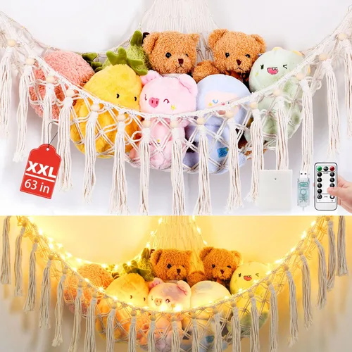Vista 9 de Hamaca de animales de peluche con 75 LED, hamaca de macramé de almacenamiento de juguetes extragrande de 55 pulgadas, red de juguetes colgante